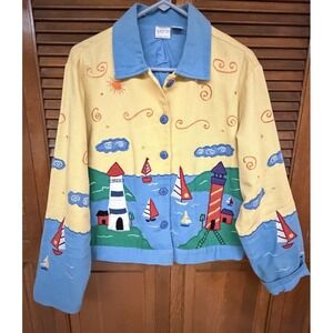 Bleu Bayou Lighthouse Coastal Jacket L Nautical Art Teacher Cottagecore Cotton